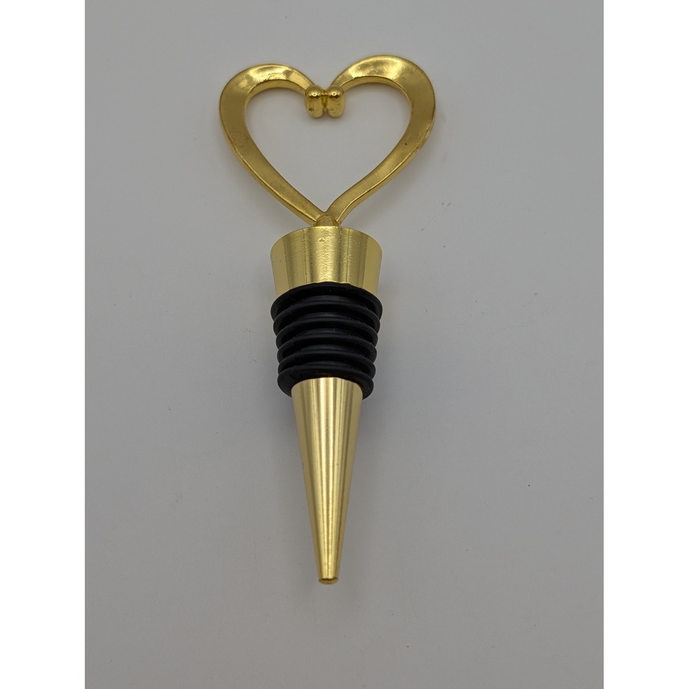 Gold Tone Heart Wine Bottle Stopper Decorative Barware Rubber Seal 4.5"